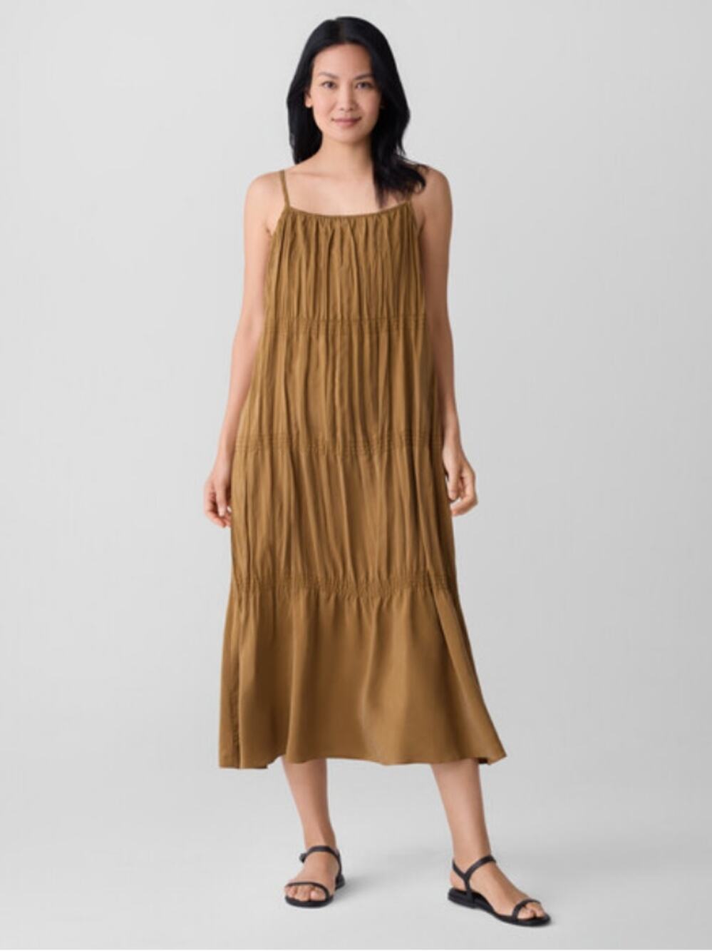 Eileen Fisher Washed Silk Smocked Cami Dress Bronze NWT Size L